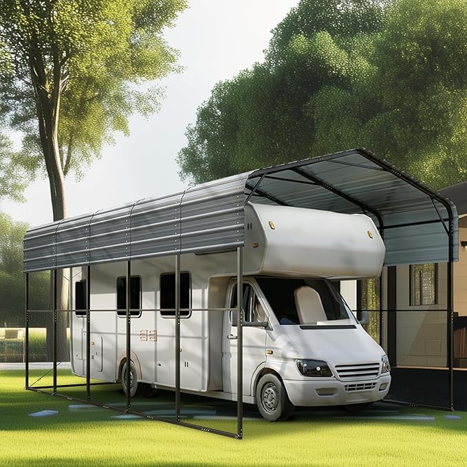 PHI VILLA 25 x 14 ft Heavy Duty Metal Carport with Galvanized Steel Roof for RVs, Cars, Boats, and Tractors