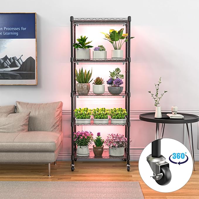 Plant shelf with grow light, 5-Tier metal Plant Stand with 4-Pack 72W Full Spectrum Grow Lights, Auto Timer,Ladder Flower Pot Stand indoor 23.2" L x 13.4" W x 61.4" H