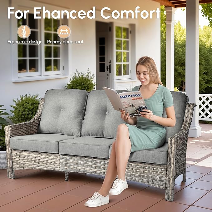 4 Pieces Patio Outdoor Furniture Set,All Weather Wicker Rattan Patio Seating Sofa and Chair Set w/ 3-Seater Sofa and Glowing Coffee Table,Outdoor Conversation Sets for Deck Yard Garden,Dark Grey