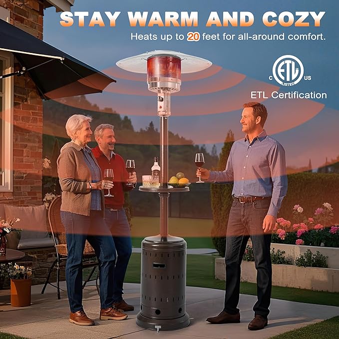 Nuu Garden Outdoor Propane Gas Patio Heater with Wheels, Patio Heater with Liftable Drink Stand for Patio, 304 Stainless Steel Burner, Backyard, Garden, Porch, Brown
