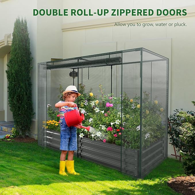 Galvanized Raised Garden Bed with Crop Cage Plant Protection Net Tent Kit for Garden Plant, 74"x37.4"x 59" Plants Protection Tent Cage Metal Planter Box Bottomless Planting Vegetables Outdoor