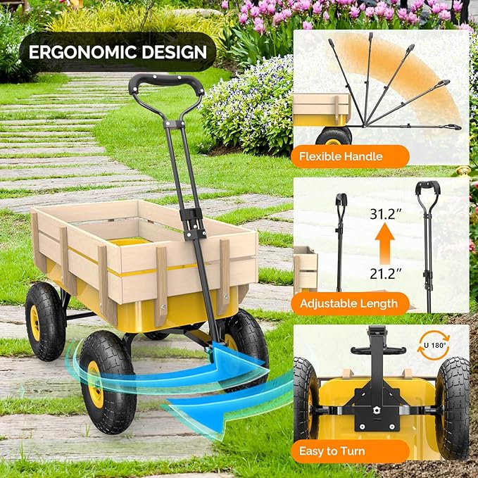 VINGLI Steel Garden Wagon Cart on Wheels, 330lb Load Capacity, Removable Heavy Duty Wooden Side Panels, with Extendable Handle and 10inch All-Terrain Tires, Wheelbarrow for Yard Landscaping (Yellow)