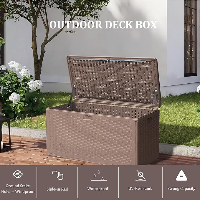 73GAL Brown Blow - Molded Outdoor Deck Box with Lock Hole - Waterproof, SGS - Protected from UV, Spacious for Garden Equipment and Pool Toys Storage, Easy to Assemble