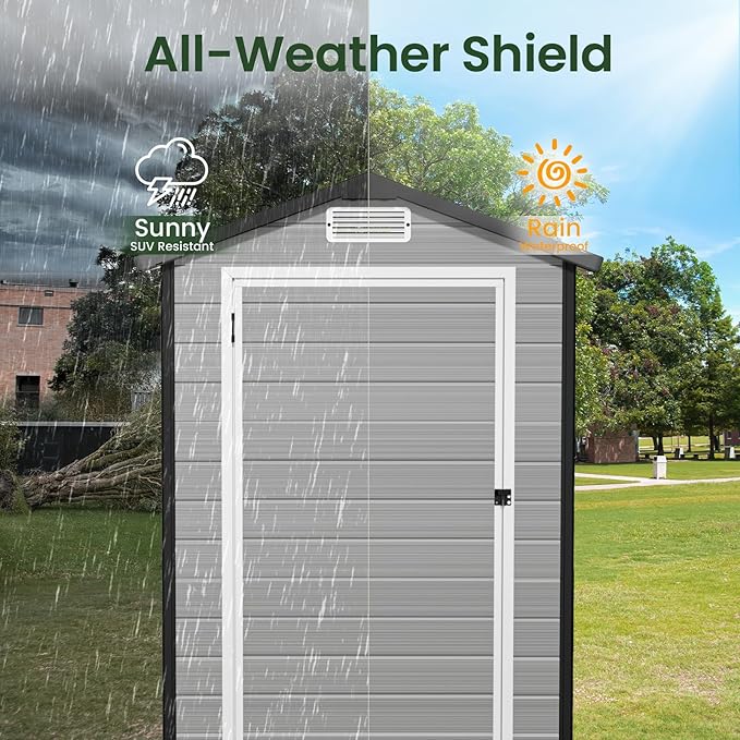 GVDV 4×6 FT Outdoor Resin Plastic Storage Shed with Reinforced Floor, All-Weather Plastic Shed with Lockable Door, Window and Vent, Waterproof Tool Storage for Garden, Backyard, Patio, Tool Storage