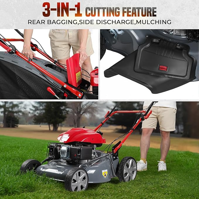 Self Propelled Lawn Mower 20-Inch with 60L Grass Bag - 173cc Engine Gas Push Lawn Mower for Hills 3-in-1 Mulch Bag Side-Discharge Rear Wheel Drive for Uneven Yards Lawn Care (173CC)