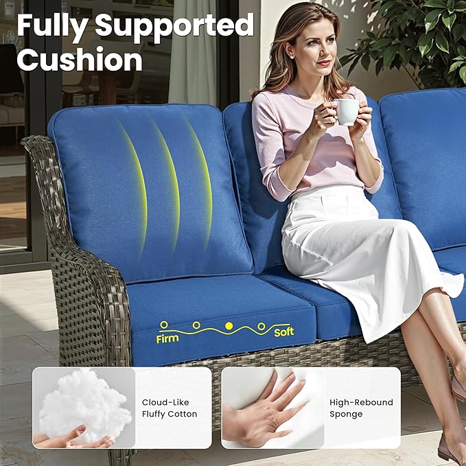 ovios 6 Pieces Patio Furniture Set, Outdoor Wicker Sofa Couch with Swivel Chairs Ottomans Comfy Cushions, All Weather High Back Modern Conversation Sets, Brown Rattan, Navy Blue