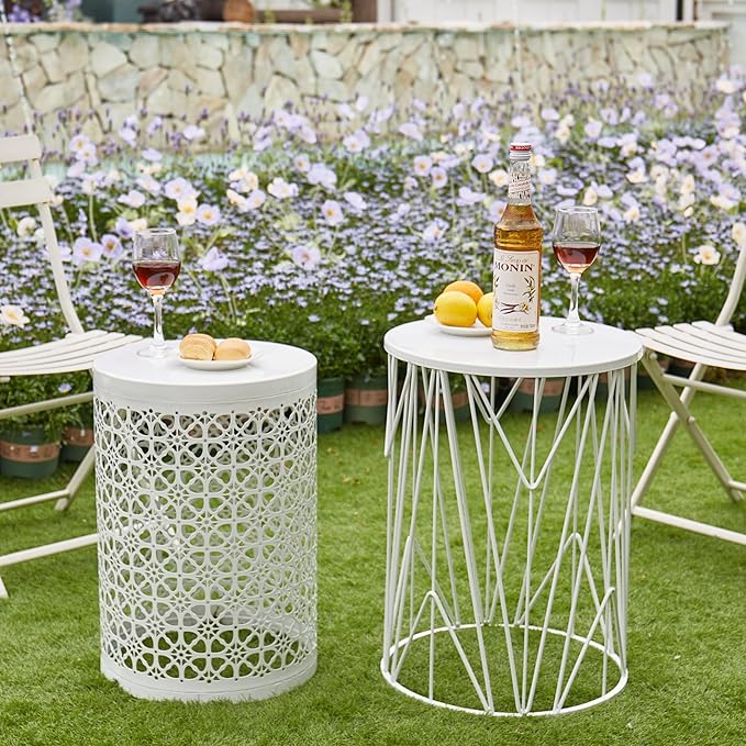Y&M Set of 3 Heavy-Duty Round End Table, Side Table, Coffee Table for Indoor Multifunctional Use, Outdoor Decorative Garden Stool Plant Stand-White