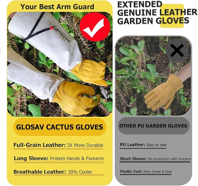 Gardening Gloves Thorn Proof for Rose Pruning & Cactus Trimming, Long Leather Garden Gloves for Women & Men (Large)