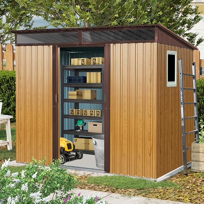 8x6 FT Outdoor Metal Storage Shed with Window, Lockable Sliding Doors and Transparent Plate - Patio Shed for Backyard, Garden, Lawn (Coffee)