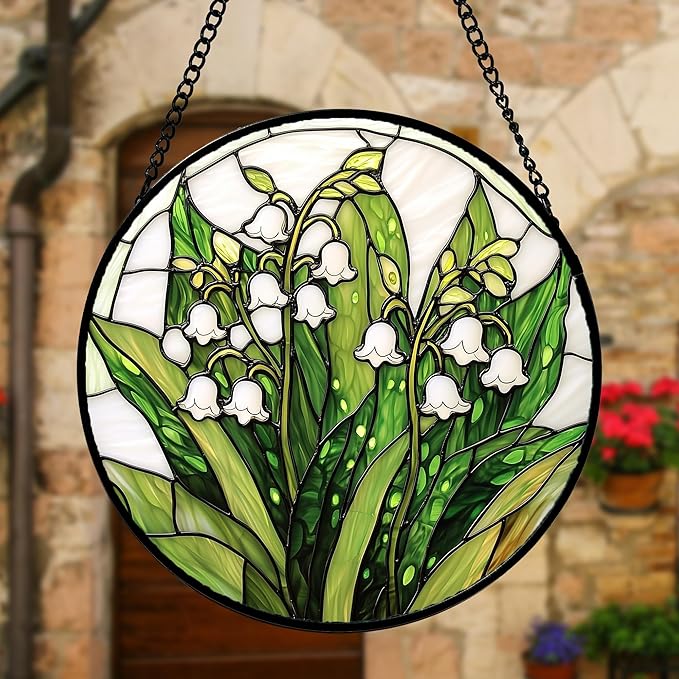 Stained Glass Window Hanging, Lily of The Valley Flower Sun Catchers Colorful Glass Panel Green Plants Suncatcher Decor for Birthday for Women,Men,Wife, Lovers, and Mom 6.3 in