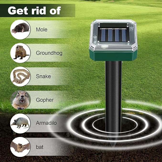 Mole Repellent Solar Powered for Lawns Snake Repellent for Yard Gopher Trap Groundhog Vole Repellent Ultrasonic Spike Outdoor Waterproof Sonic Chipmunk Rodent Burrowing Animals Deterrent Stake (4)