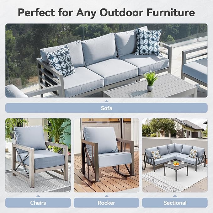 Luxury 6" Outdoor Cushions for Patio Furniture, 24x24x6 Thick Seat Cushion Set of 7, Fade Resistant Couch Chair Replacement Cushions High Density Wicker Chair Cushion w/Removable Cover Baby Blue