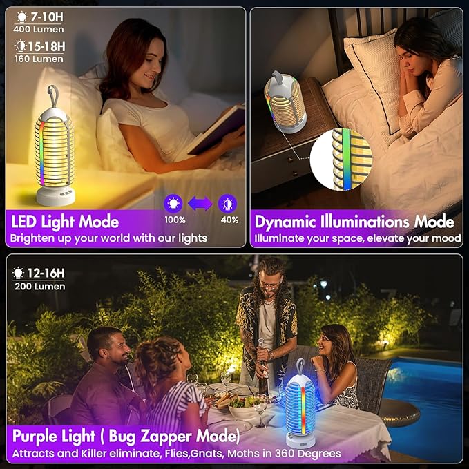 Bug Zapper Outdoor with Colorful Lighting and Auto-Sensing, 3 in 1 Cordless 4000mAh Battery Electric Fly Trap, Rechargeable Mosquito Zapper for Camping, Patios, Garden, Kitchen (1Pack-Grey)