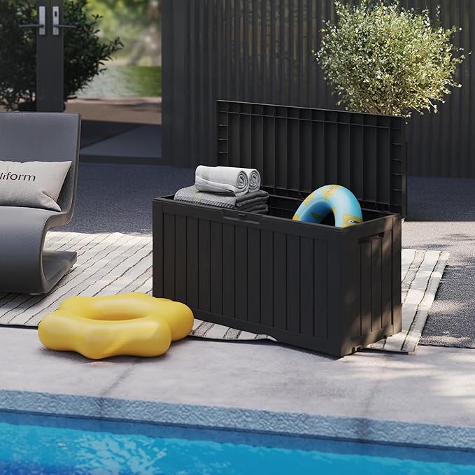 75 Gallon Waterproof Large Resin Deck Box Indoor/Outdoor Lockable Storage Container and Seating for Garden, Pool, and Patio (75 Gallon, Black)