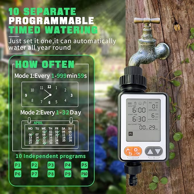 Sprinkler Timer for Garden Hose, 10 Programmable Water Timer with with Auto Rain Delay, IP54 Waterproof 3.3โ Large LCD Drip Irrigation System Timers for Plant, Yard, Lawns, Outdoor
