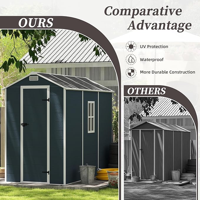Resin Storage Shed 8x4ft, Outdoor Tool Shed with Floor, Window, Lockable Doors and Vents, 12mm Thick pp Board, Storage Sheds for Patio, Garden, Backyard, Lawn (Dark Gray, 4 * 8ft)