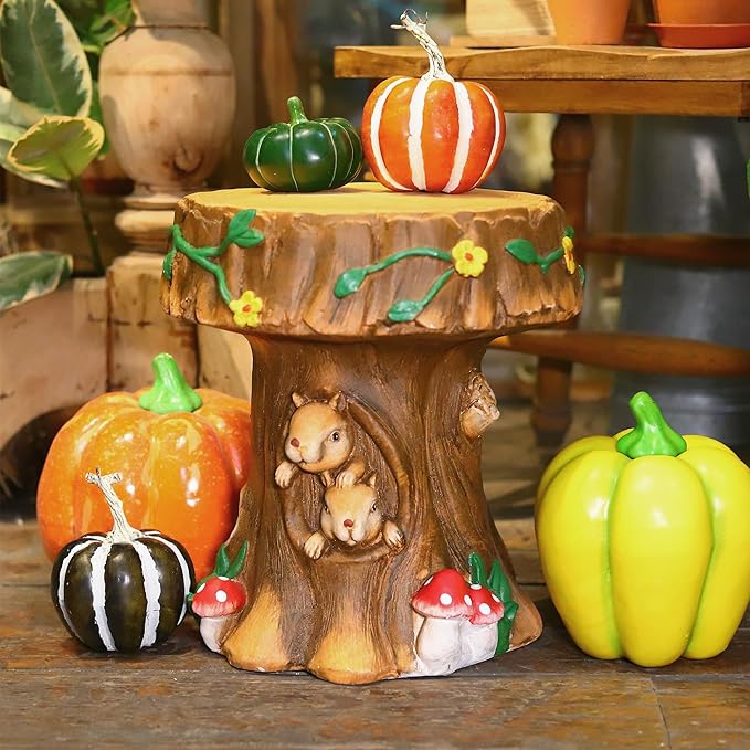Delicate Fairytale Resin Mushroom Squirrel Garden Stool Statue Lovely Versatile Ornamental in/Outdoor Backyard Patio Squirrel Stool Sculpture Decor