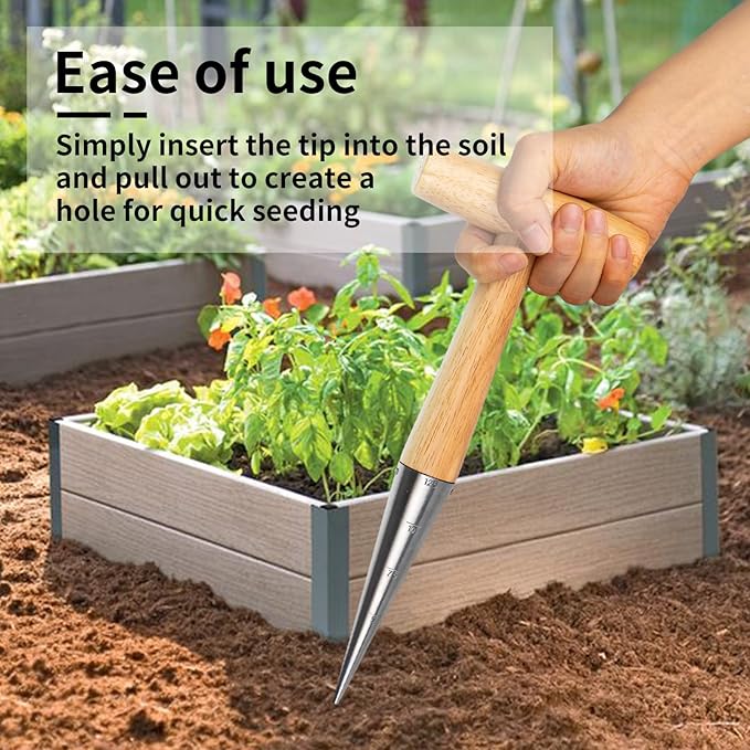 FLORA GUARD Hand Dibber Garden Tool, Seed Planter Tool with Wood Handle for Sowing Seed - 5" Seed Dispenser for Planting Steel Garden Dibber, Transplanting Plants,Planting Bulb,Digging