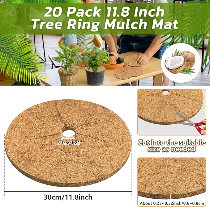 Legigo 20pcs Coconut Fiber Mulch Ring Tree Plant Protector Mat, 11.8 Inch Natural Coco Coir Tree Protection Ring Plant Pot Soil Cover, Tree Rings Disc Plant Cover for Indoor Outdoor Plants,Landscaping