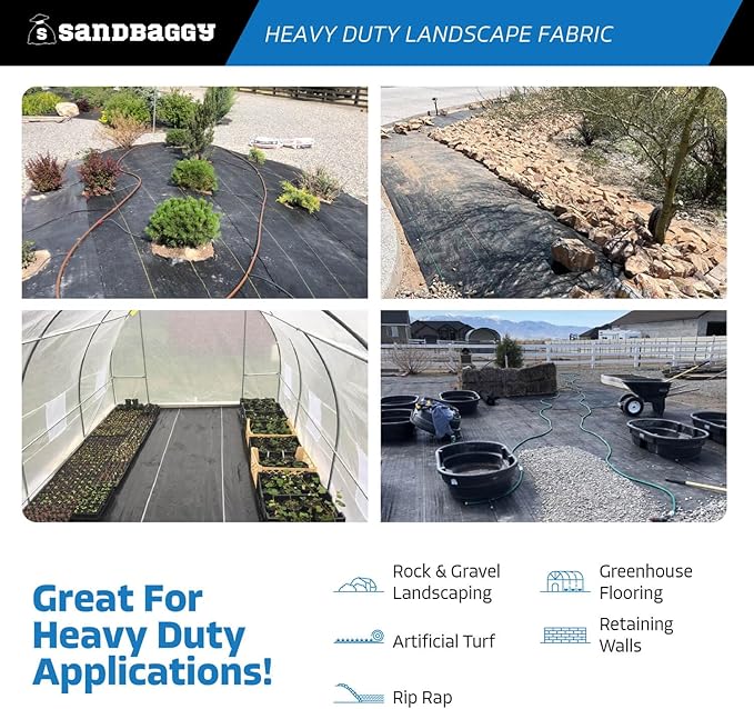 Sandbaggy 15 ft Heavy Duty Landscape Fabric | 50 Year Fabric | 6 oz Extra Thick Weed Barrier | Rock & Gravel Landscaping | UV Resistant | 365 Weed Free Guarantee (15 ft x 100 ft, 1, Count)