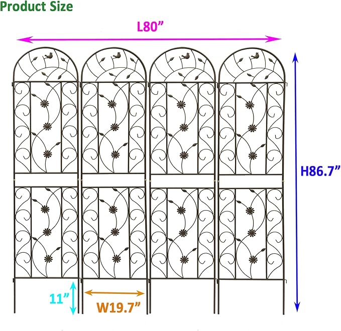 Garden Trellises, 4 Pack Brown Metal Coated Rustproof Trellis for Climbing Plants Outdoor, Roses, Vines, Flowers, and Vegetables-19.7×86.7 inches