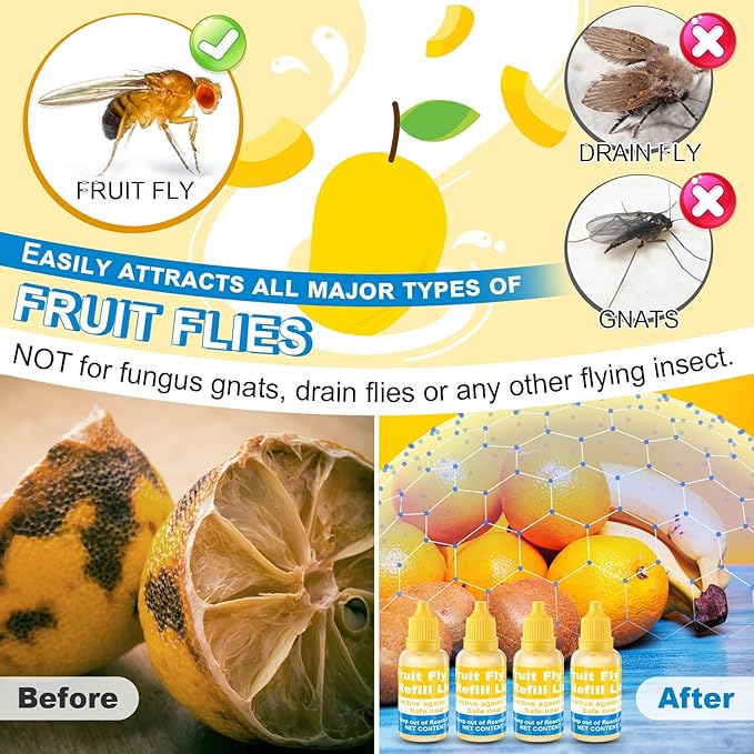 Qualirey Fruit Fly Trap for Indoor and Kitchen Use, 0.68 oz Each Bottle Fruit Fly Trap Refill Liquid, Ready to Use, Safe Near Food, Efficient Lure Refill Liquid, Yellow(8 Pack)