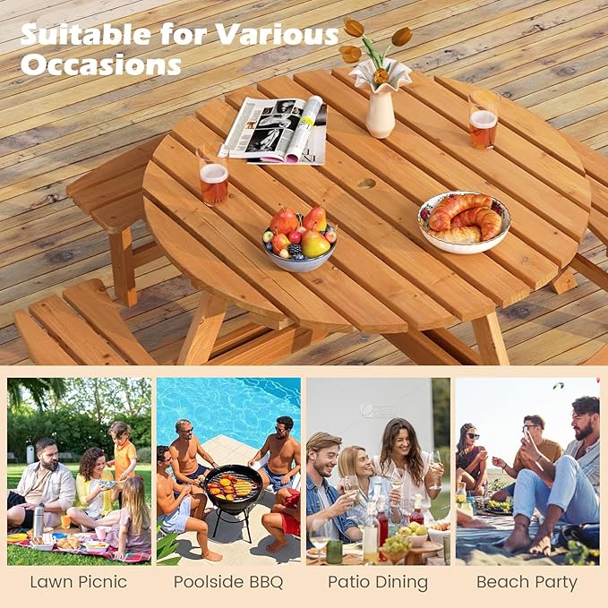 Giantex 8-Person Round Picnic Table Set with 4 Benches, 550 LBS Bench Capacity, 2" Umbrella Hole, Circular Outdoor Wood Dining Table & Chairs for Patio Yard Garden Porch Deck (71”x71”x28”,Yellow)