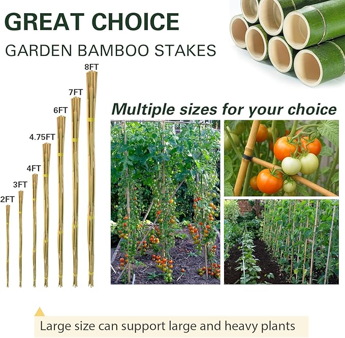 Bamboo Stakes 8 Feet, 96 inch Garden Stakes Multi-Purpose, Bamboo Plant Support Stakes for Tomatos, Beans, Cucumbers, Peppers, Potted Trees, Maintain The Plant Posture, Strengthen and Stem