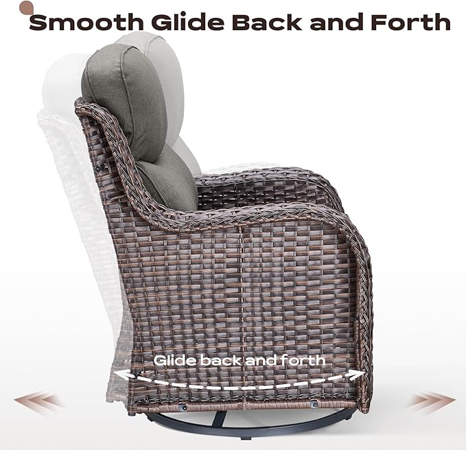 Outdoor Patio Swivel Rocker Chairs Set of 2, Waterproof Wicker, High Back, Deep Seating, Wide Armrest, Upgraded 6 inch Thick Cushions, Side Table, Ideal for Deck Porch Yard, Brown-Grey