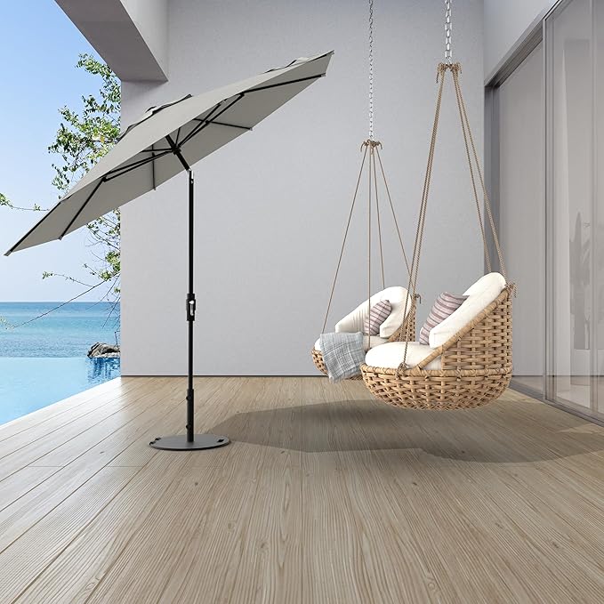 Midtown Umbrellas The Swilt 8 Feet Patio Umbrella in Terylast Matter (Grey) Polyester Fabric - Fiberglass Ribs, Auto-Tilt Aluminum Frame For Backyard, Deck, Garden, Pool - White Pole