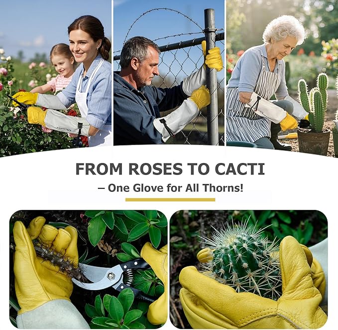 Gardening Gloves Thorn Proof for Rose Pruning & Cactus Trimming, Long Leather Garden Gloves for Women & Men (Large)