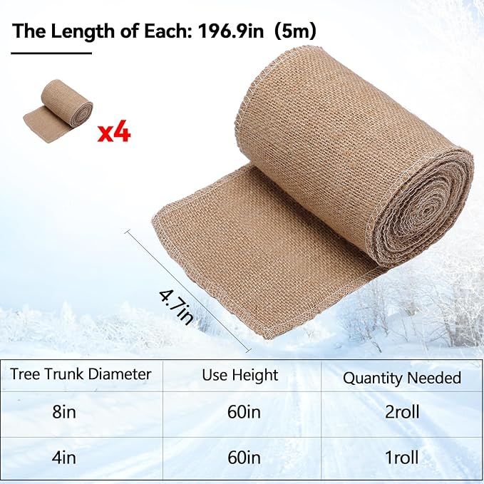 ANPHSIN 4 Rolls Natural Burlap Tree Wraps - 4.7in x 16.4ft Burlap Tree Protector Wraps, Burlap Rolls Trunk Guard for Gardening Tree, Antifreeze Plant Bandage to Keep Warm