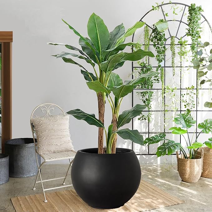 17 H x 21" Dia (15" Pot Opening) Round Fiberstone Planter with Drainage Hole, Black, Indoor/Outdoor Large Plant Pot for Home Patio Garden, Ideal for Large Plants