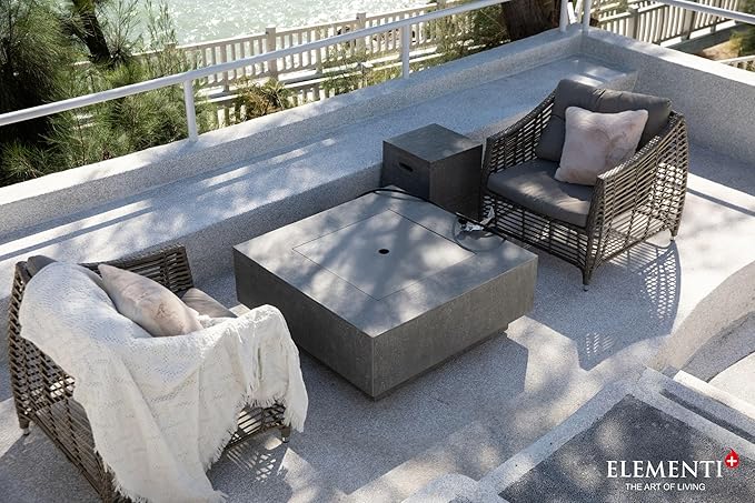 Elementi+ | Victoria Gas Fire Pit Cast Concrete 40" Square Fire Table, Outdoor Fire Pit Electronic Ignition | Canvas Cover, Fire Glass and Burner Lid Included | Light Gray | Natural Gas