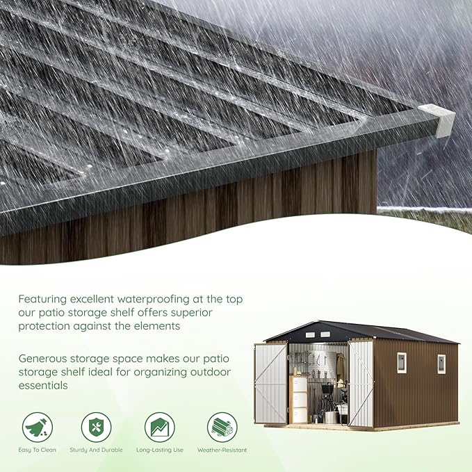 10X12X7.5 FT Outdoor Steel Storage Shed with Lockable Doors, 2 Windows, Transparent Roof Panels, Metal Frame Floor (Wood Panels Not Included), Ideal for Backyard, Patio Storage,Chicken Coop,Brown