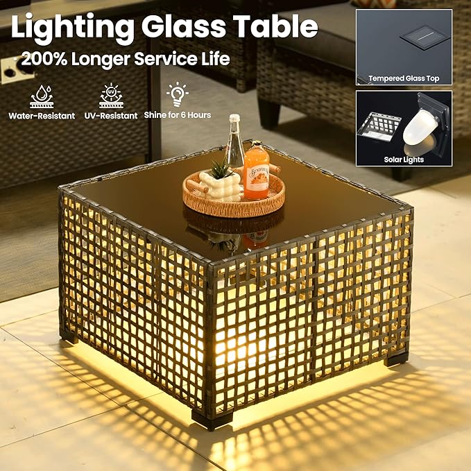 ovios 4 Pieces Patio Furniture Set Outdoor Sofa Couch with Solar Lights Table Comfy Cushions, Modern Deep Seat Wicker Rattan Conversation Set for Porch Deck, Dark Grey