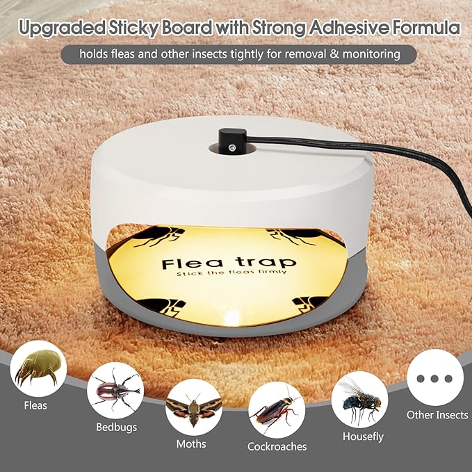 2 Pack Flea Traps for Inside Your Home, Indoor Flea Light Bed Bug Killer with 6 Light Bulb & 4 Sticky Pads Refills, Odorless Natural Insect Infestation Trap for Kid Pet, Safer Than Sprays & Powders