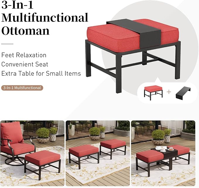 6 Piece Metal Outdoor Patio Furniture Set, Patio Conversation Set 1 3-Seater Sofa, 2 Rocking Chair, 2 Ottomans with 5.75" Thick Cushion and Coffee Table, Black Backyard Furniture, Red