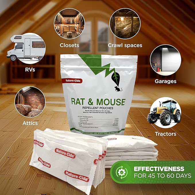 Nature-Cide Rat & Mouse Pouches - Plant-Based Formula for Indoor & Enclosed Spaces - Fresh Mint Aroma, 45-60 Day Use - 25 sq ft Coverage per Pouch (Pack of 12)