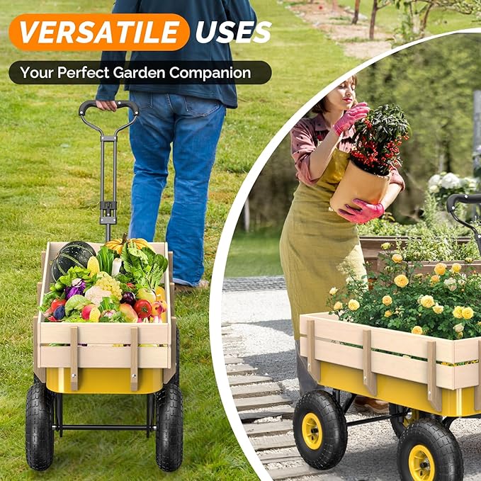 VINGLI Steel Garden Wagon Cart on Wheels, 330lb Load Capacity, Removable Heavy Duty Wooden Side Panels, with Extendable Handle and 10inch All-Terrain Tires, Wheelbarrow for Yard Landscaping (Yellow)