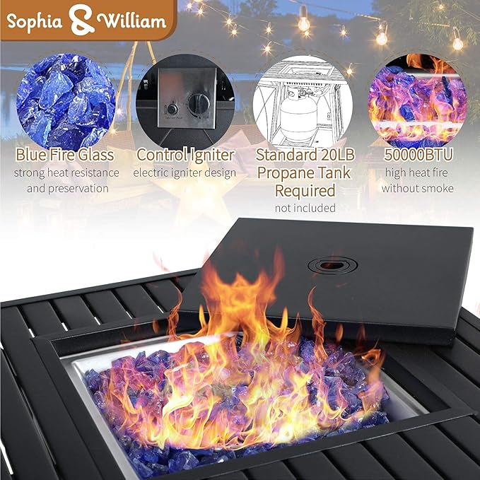 Sophia & William Gas Fire Pit Table 28 Inch 50,000BTU Square Outdoor Propane FirePits 2 in 1 Auto-Ignition Patio Fireplace for Outside with Lid and Blue Fire Glass, Black