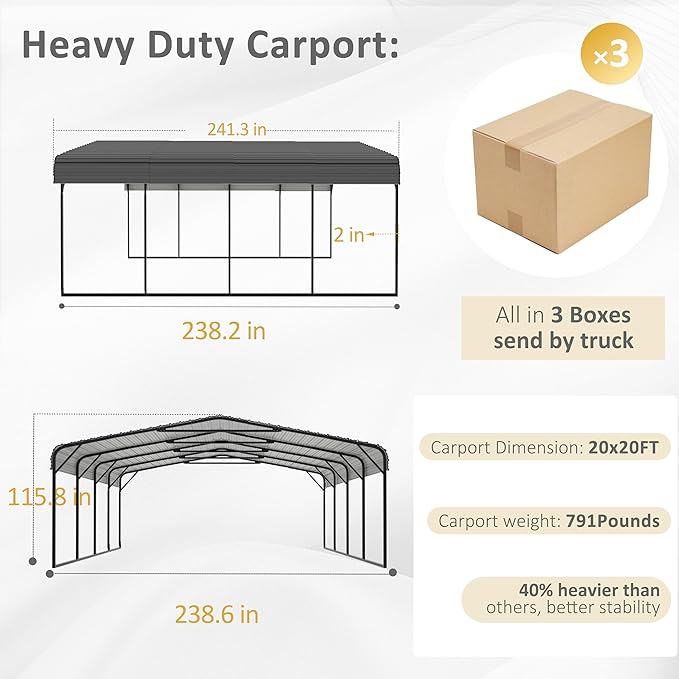 MUPATER 20x20 FT Hardtop Carport with Metal Roof, Heavy Duty Metal Carport Canopy, Outdoor Garage Car Shelter Shade, Car, Truck, Boat, Gray