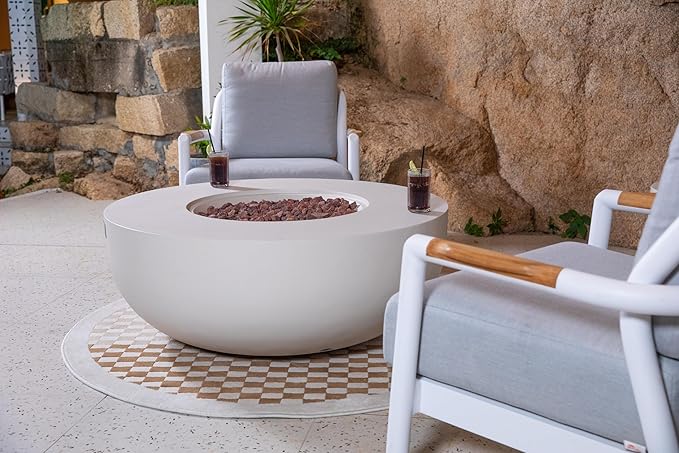 AMS Creations | Eclipse 44" Round Cast Concrete Natural Gas Fire Pit Bowl Table | Cream White | Smooth Texture Surface | Electronic Ignition | Outdoor Patio Heater Outside Backyard Fireplace
