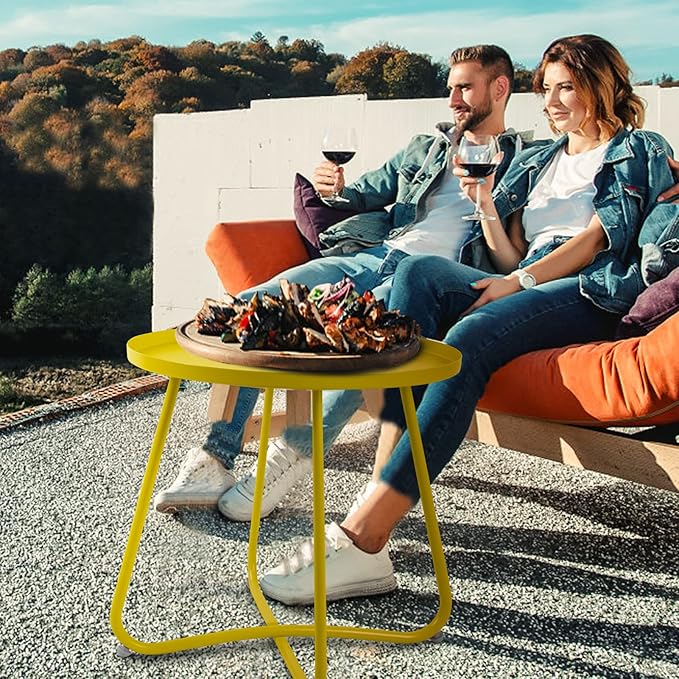 Babion Yellow Outdoor Side Table, Small Round Patio Accent Table for Patio Yard Garden, Indoor & Outdoor