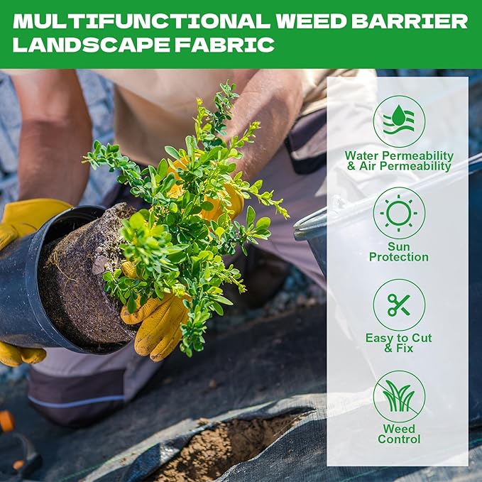 4 x 50ft Weed Barrier Fabric Heavy Duty Landscape Weed Blocker with 80 Holes, Large Weed Block Gardening Ground Cover Mat Weed Control Cloth with 10 U-Shaped Stakes and Gaskets, Black (2pcs,4x50ft)