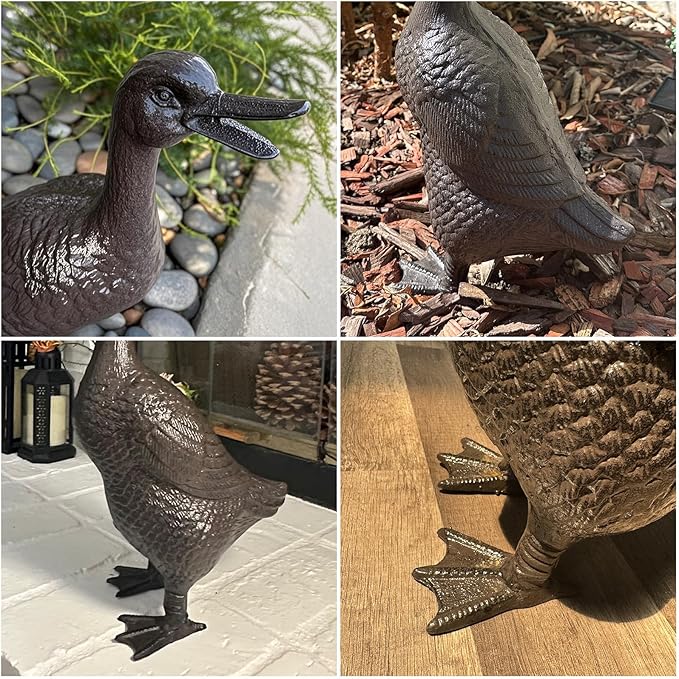 Cast Iron Duck Statue(15.7" Tall) - Heavy Duty Outdoor/Indoor Decor, Rust Brown Garden Art with Lifelike Feather Detailing, Weatherproof Bird Sculpture for Patio, Lawn & Home HC5387