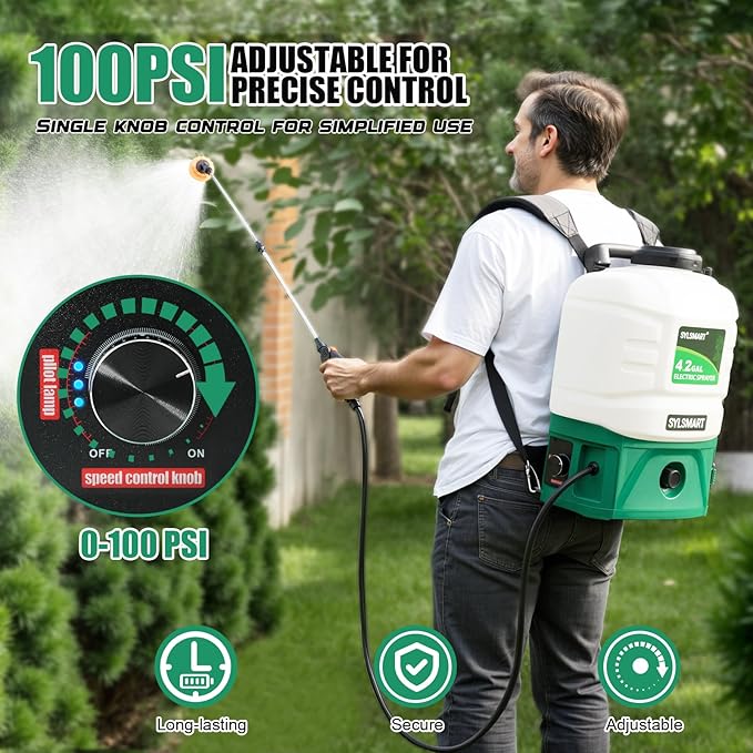 Battery Powered Backpack Sprayer 4 Gallon– No Leak & Padded Straps Electric Weed Sprayers in Lawn and Garden, 100PSI Power Sprayer with 41'' Telescopic Wand and 5 Nozzles, Translucent White