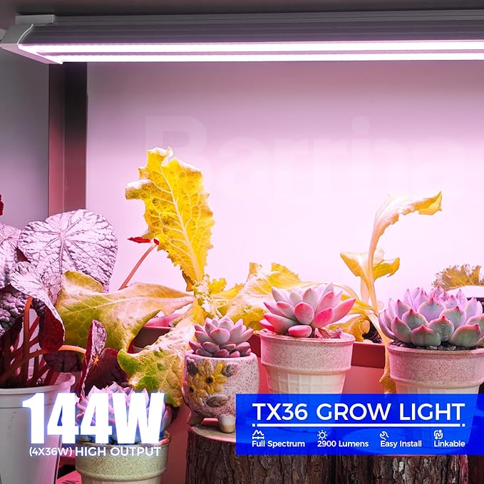 Barrina TX36 2FT Grow Lights for Seed Starting, 144W(4 x 36W, 800W Equivalent), High PPFD, Full Spectrum, Mechanical Timer, Grow Light for Indoor Plants with On/Off Switch, Linkable, 4 Packs