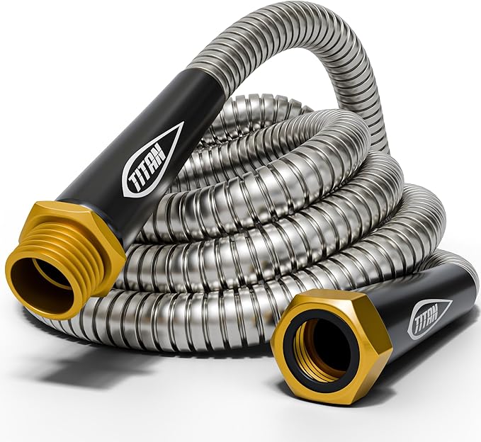 TITAN Garden Hose 9FT - 304 Stainless Steel Metal Water Hose, Flexible, Kink-Free, Lightweight, Durable, Crush Resistant Fittings, Easy to Coil, 500 PSI