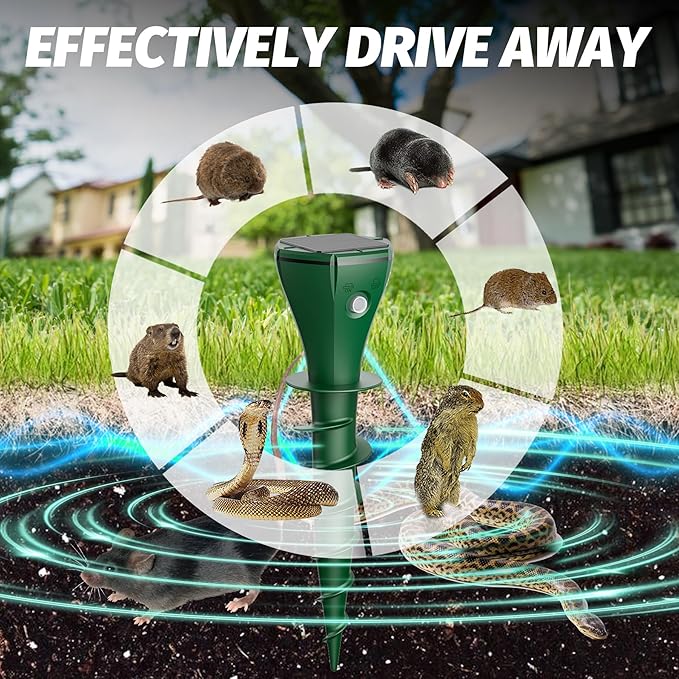 Mole Repeller for Lawns,Solar Powered Vole Repellent Ultrasonic Pest Control Stake, Waterproof Sonic Pulse Deterrent for Gopher Vole Snake in Lawn, Garden & Yard